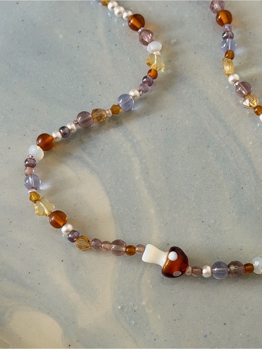 Whimsy Glass Bead Mushroom Pendant Necklace in Amber, Purple & Pearl